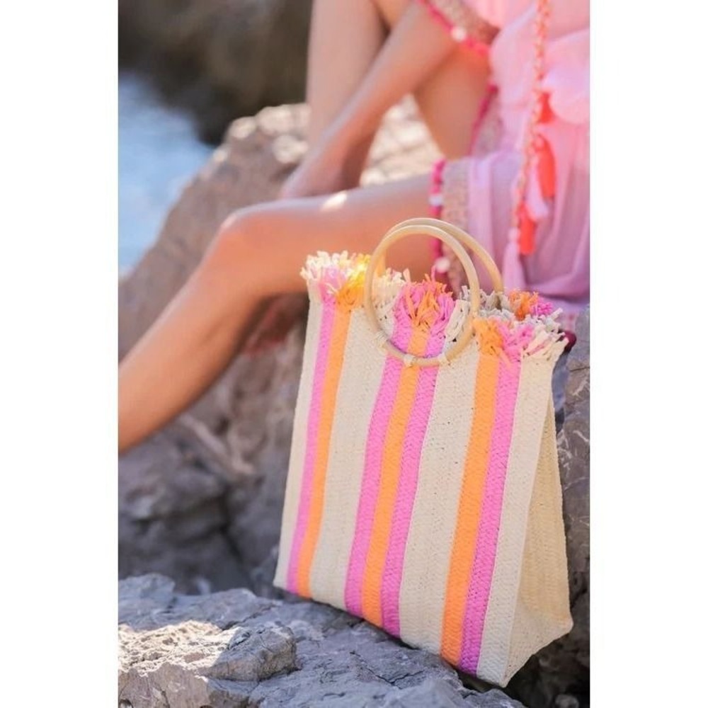 #123 Shiraleah Straw Tote Bag Pink Orange Striped Wooden Handleโ Fringed